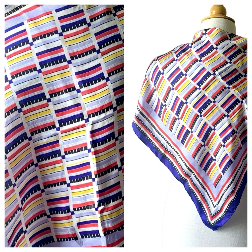 Vintage Red Blue Geometric Square Silk Scarf with Hand Rolled Hem